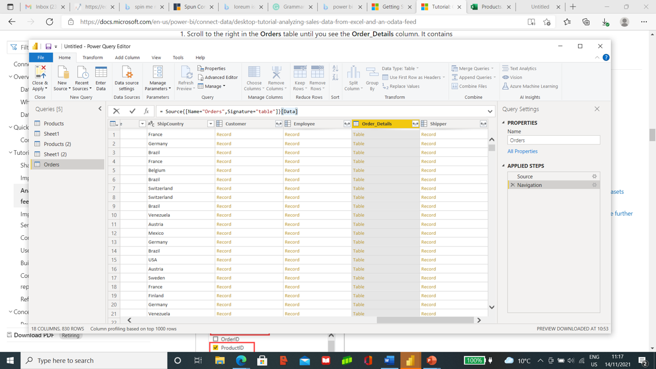 order details in power bi