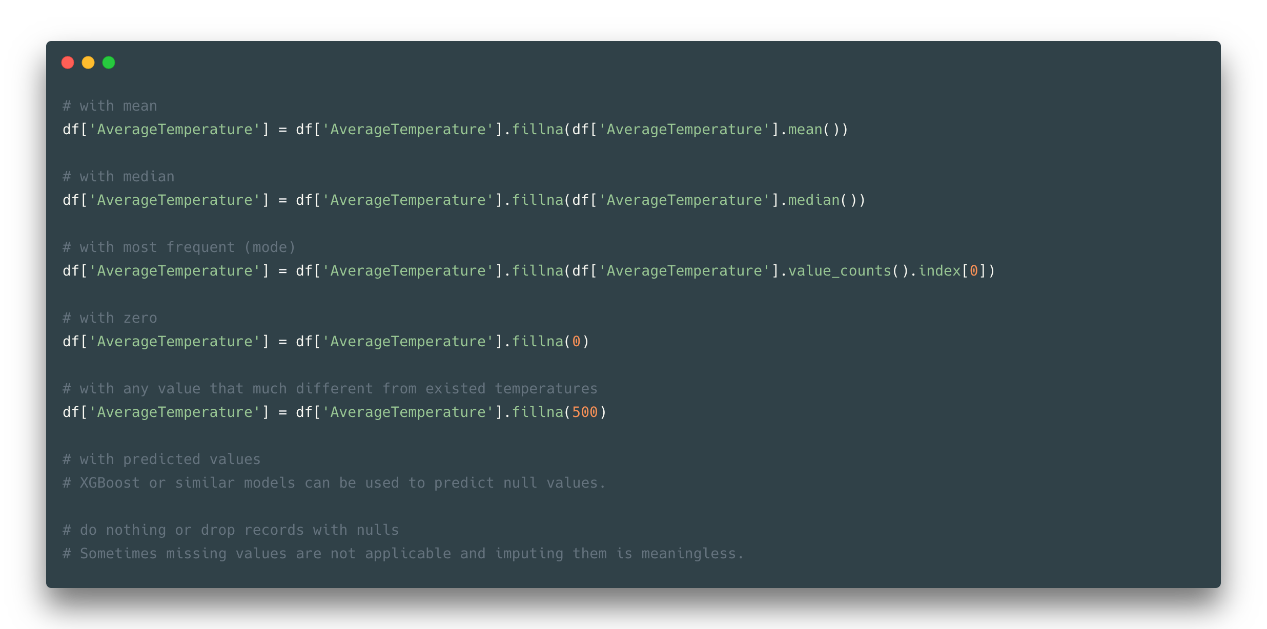 Imputation of missing values feature transformation