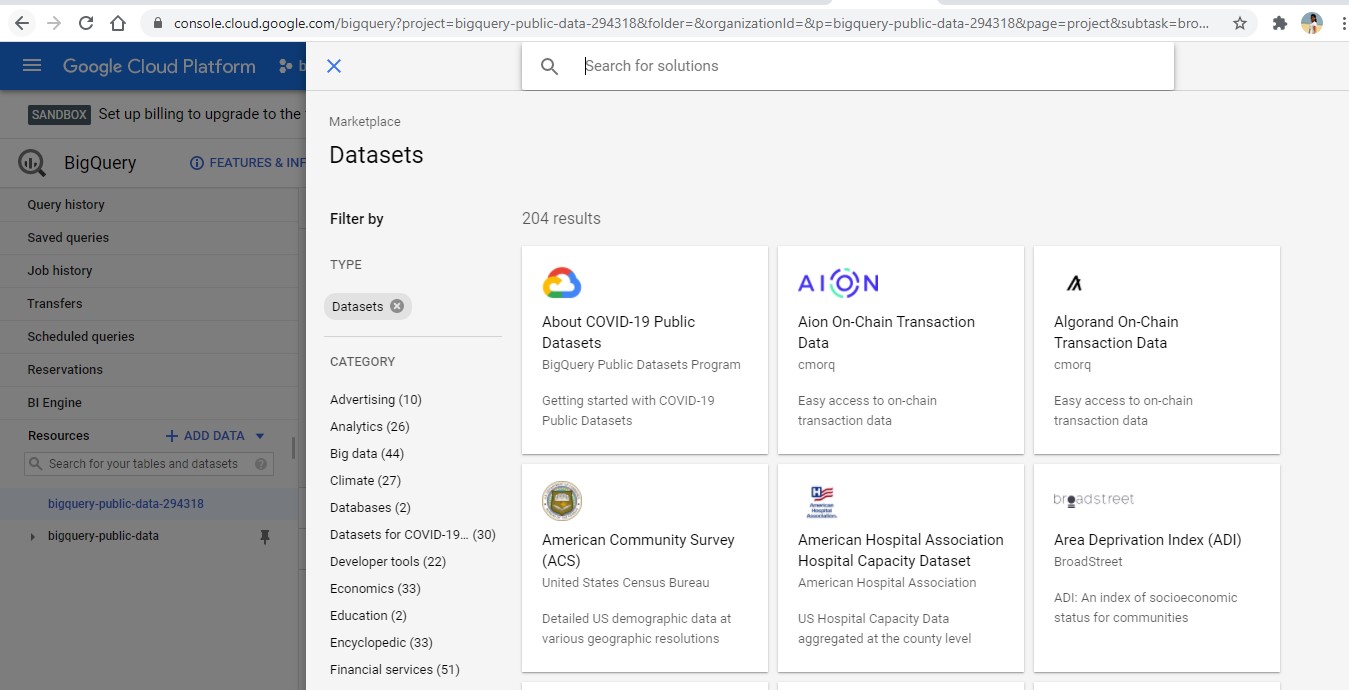 data studio bigquery datasets