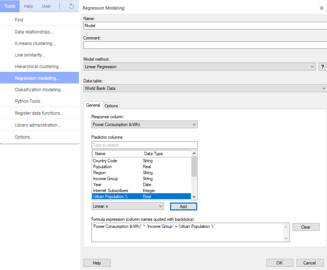 TIBCO Spotfire regression model