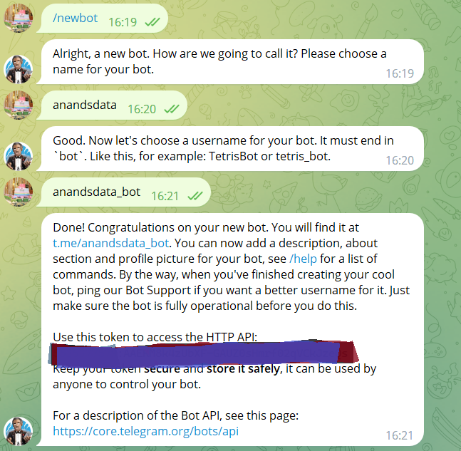 getting TOKEN from Telegram App