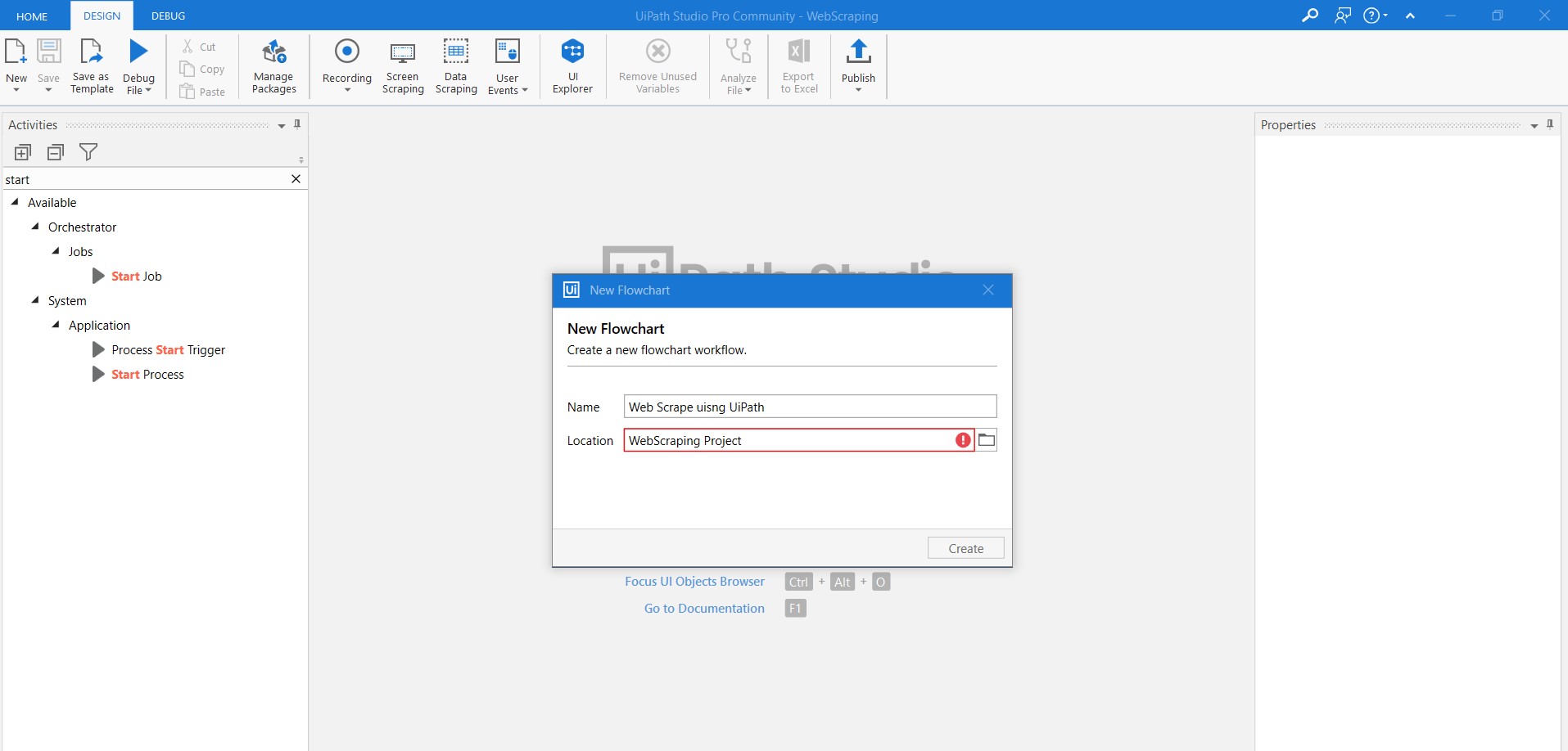 Web Scraping UiPath create flowchart