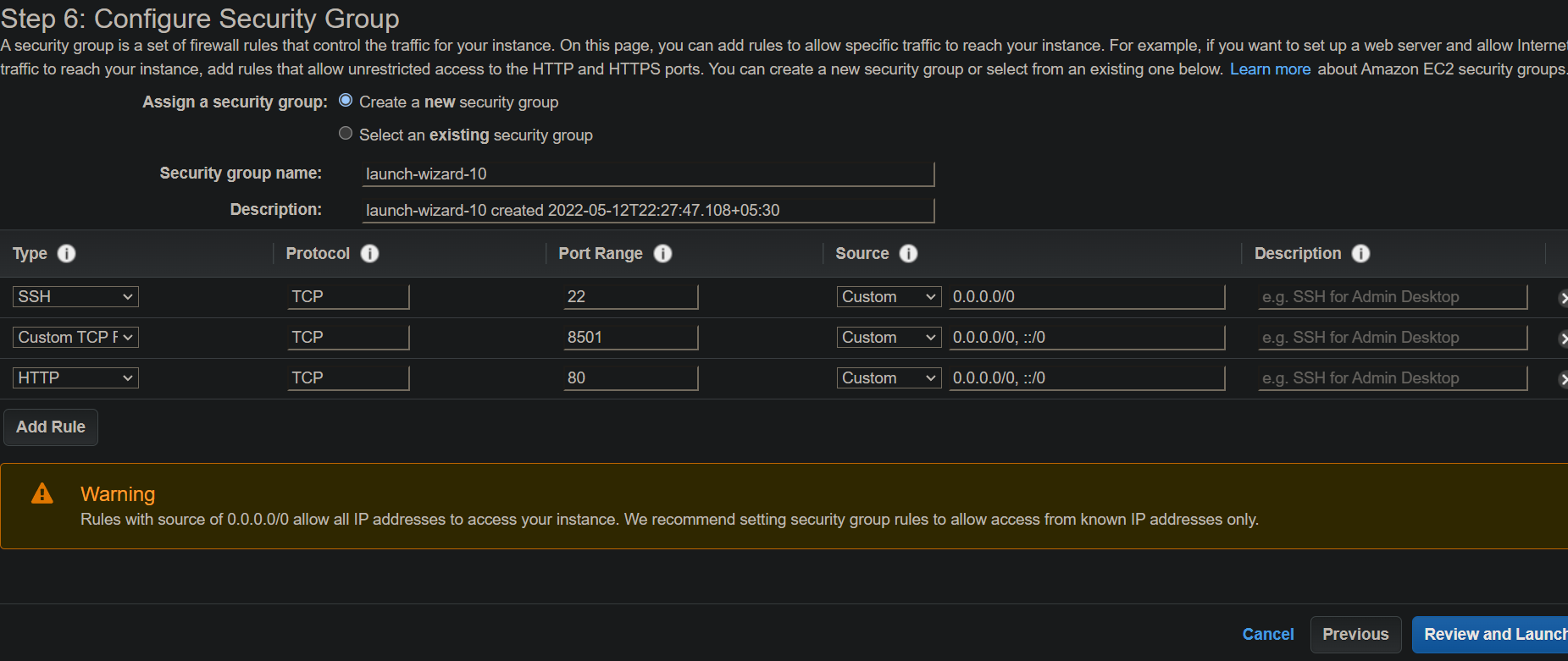 Configure security group